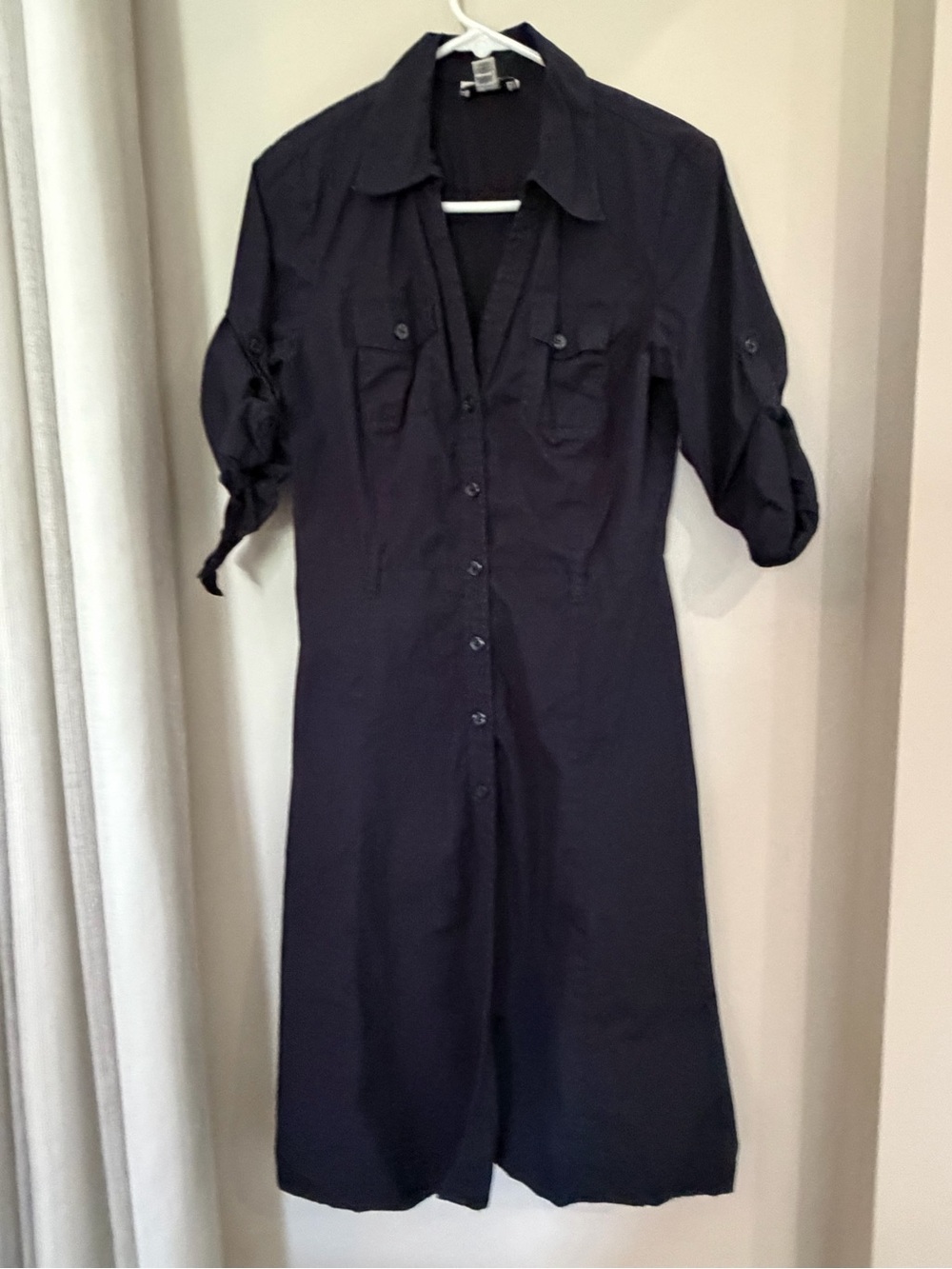 LOFT Navy Button-Front Midi Shirt Dress with Roll-Tab Sleeves